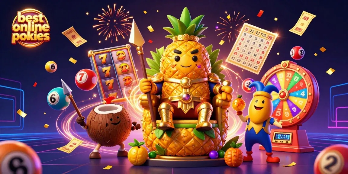 Experience the best online pokies with vibrant symbols and dynamic celebration elements in this colorful illustration.