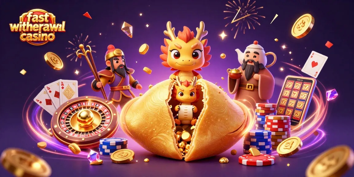 Cascade of golden coins and gems erupting from a fortune cookie in a fast withdrawal casino scene
