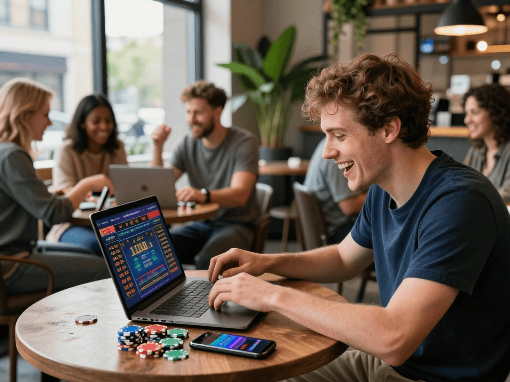Excited player gambling online in Canada at a café, showcasing vibrant atmosphere and modern tech.