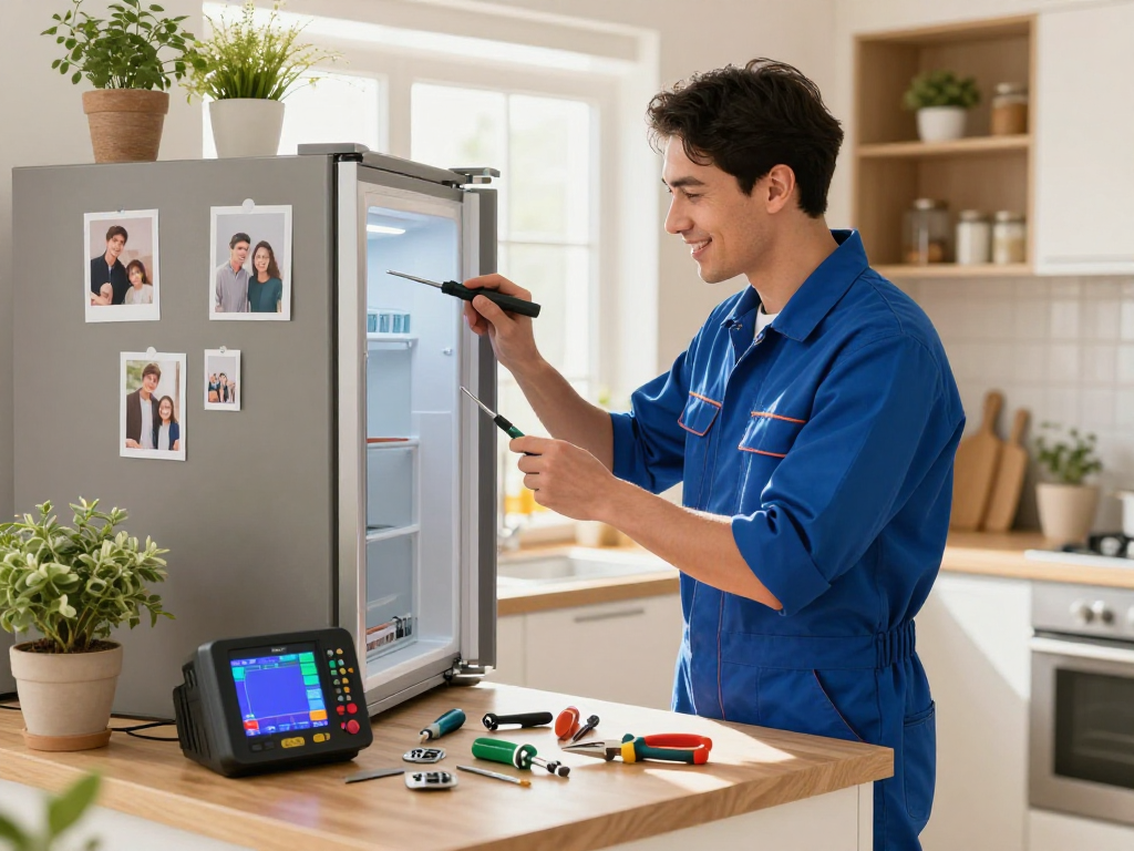 Professional technician offering appliance repair near me in a sunlit kitchen.