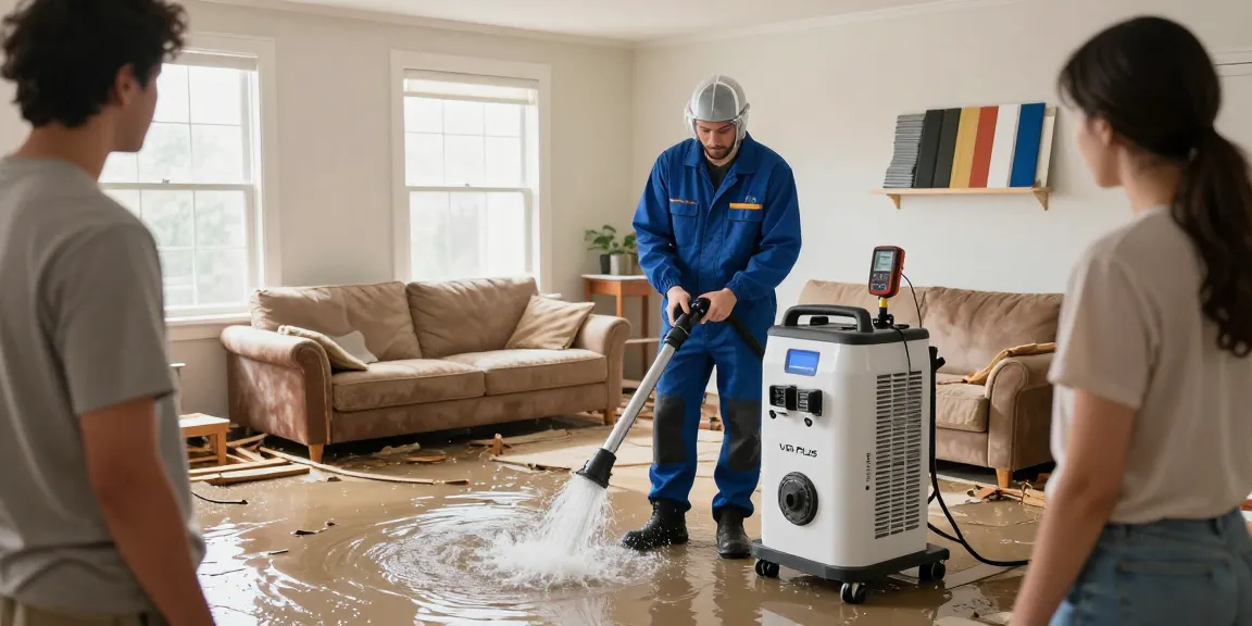 Water Damage Restoration Vancouver expert technician using advanced drying equipment in a damaged living room, highlighting emergency restoration services.