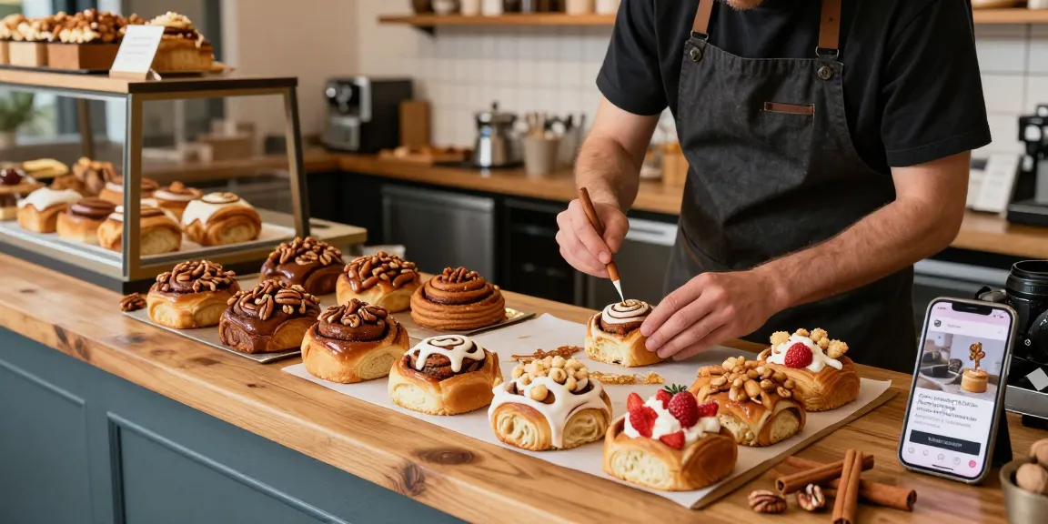 Cinnamon buns Calgary - Freshly baked cinnamon buns displayed in a cozy café, showcasing flavors like churro and salted pecan.