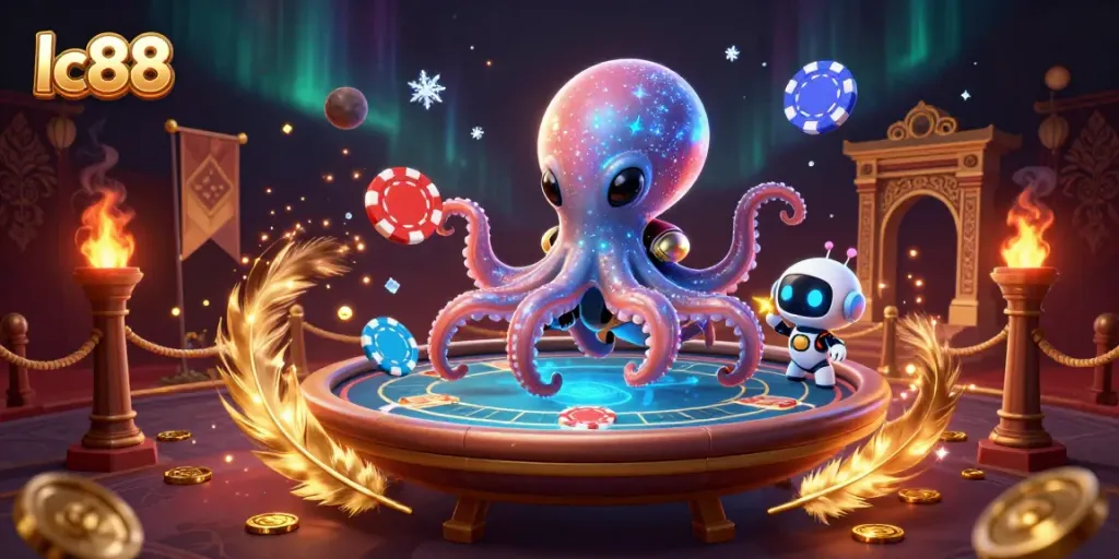 Bet big with lc88 at a vibrant alien poker table surrounded by cosmic gaming elements.