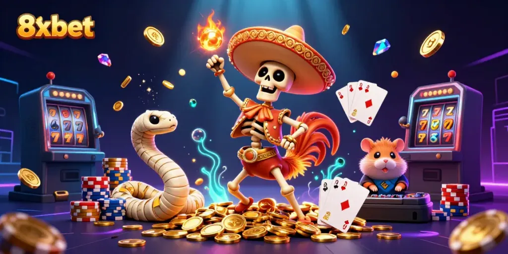 Experience the thrills of 8xbet with vibrant characters celebrating a lucky victory amidst sparkling casino elements.