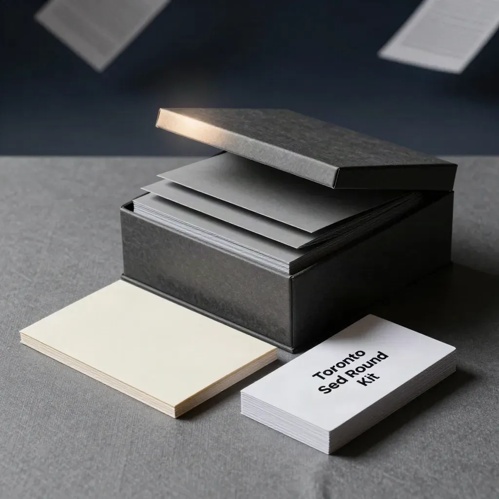 Open charcoal presentation box with booklet and investor card stack on ash-grey linen, lit softly.