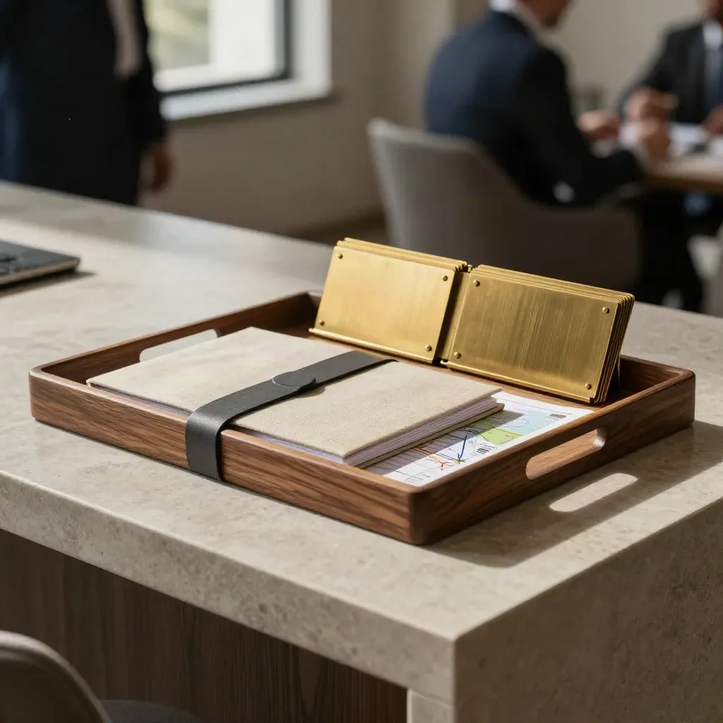 Oak briefing tray with finance kit on stone, brass cards and a folded map in soft executive haze.