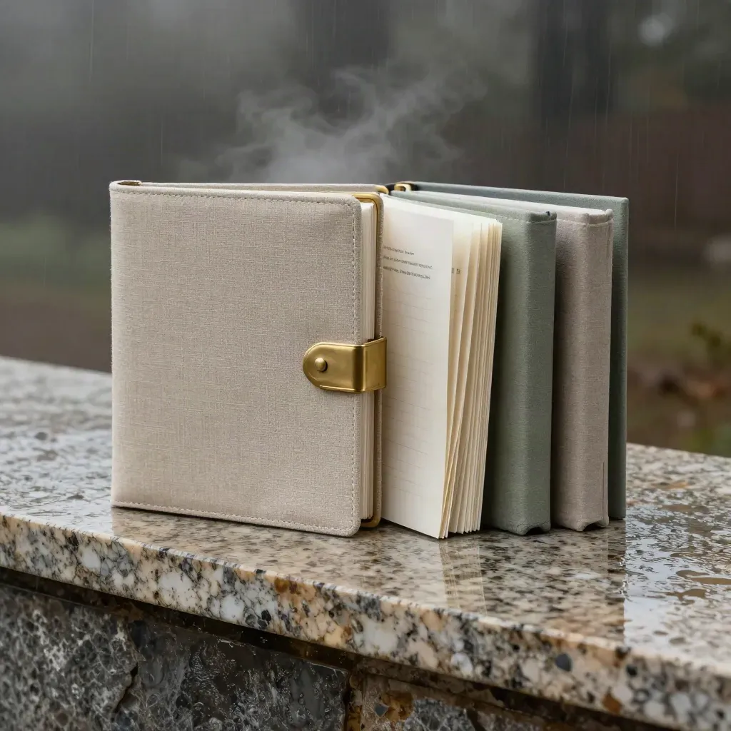 Luxury Canadian growth capital folio, brass clasp, dossier, and companion volumes on wet stone