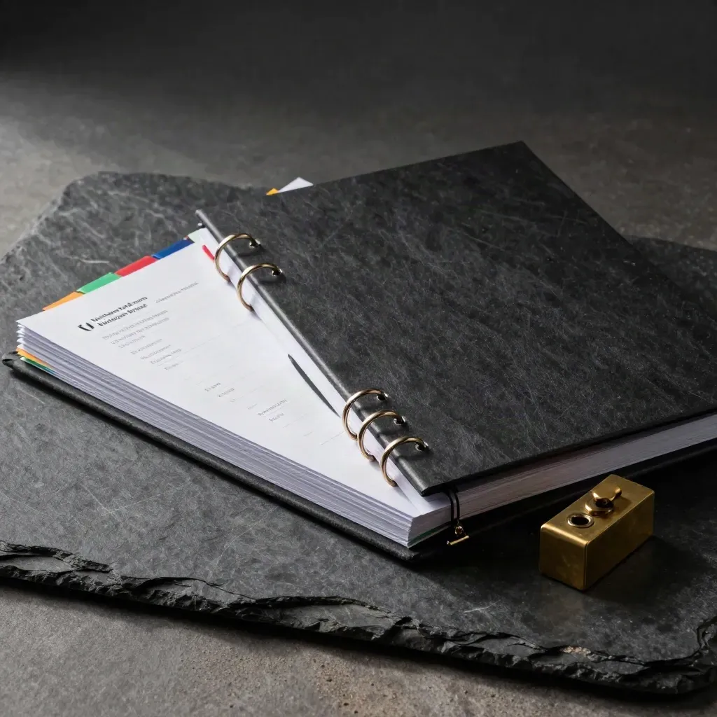 Overhead slate binder with colored tabs and brass paperweight on dark stone.