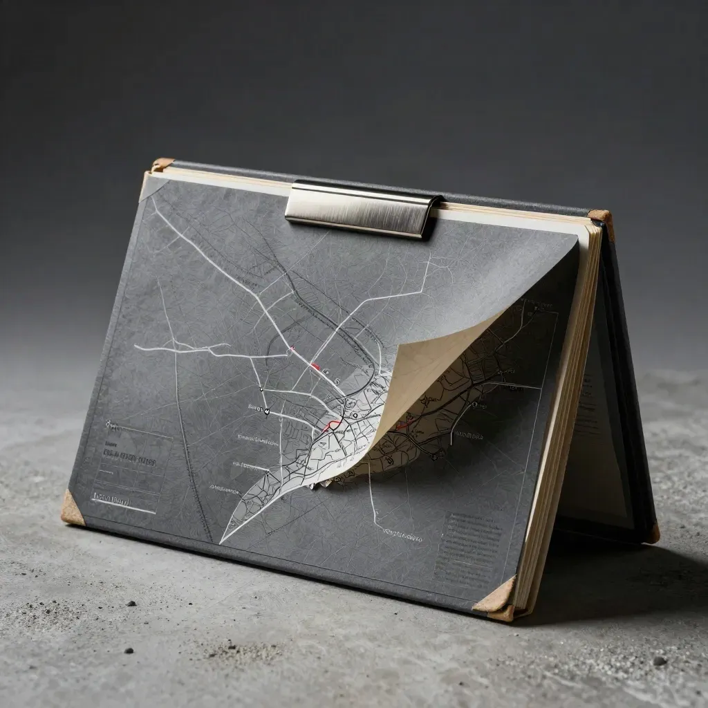 Graphite folio with folded route-map insert and steel clip on textured concrete, lit from upper left.
