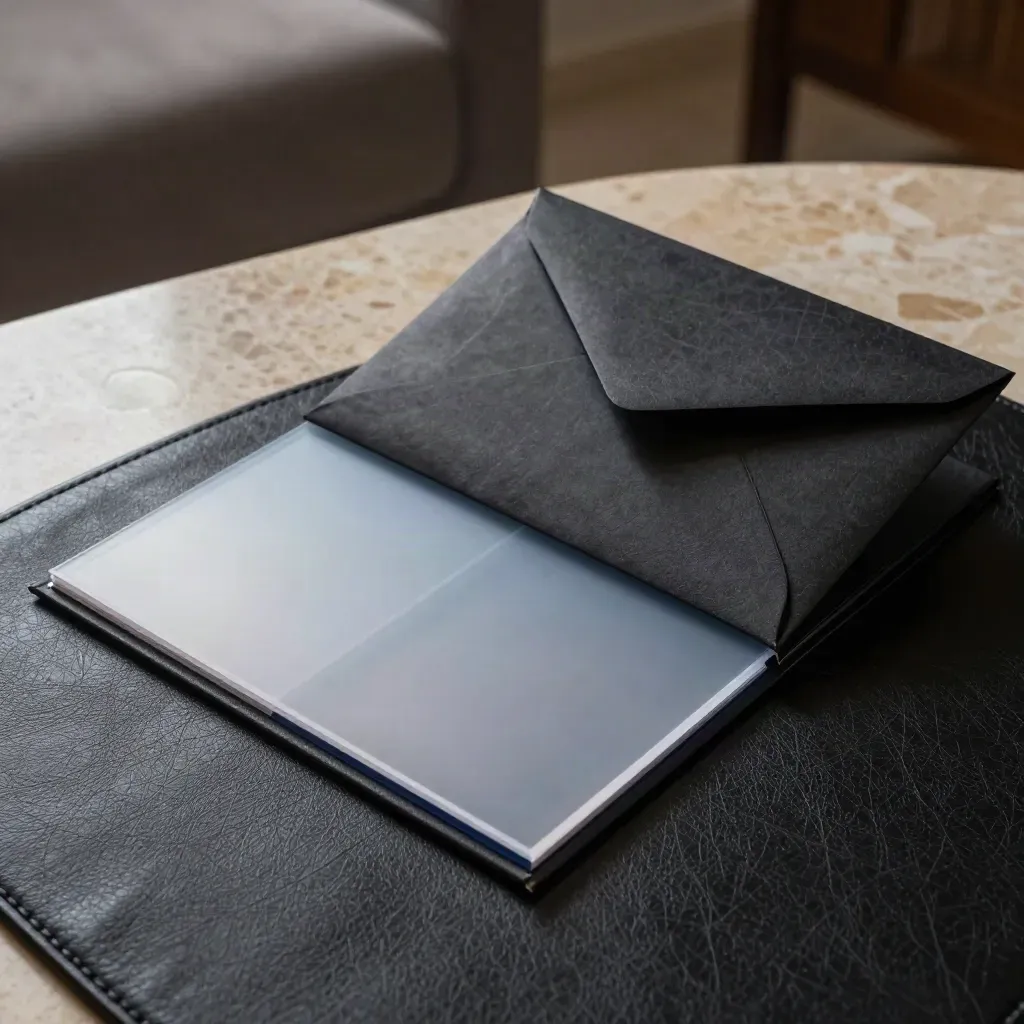 Private deal folio, sealed envelope, and frosted overlays on dark leather in moody light.