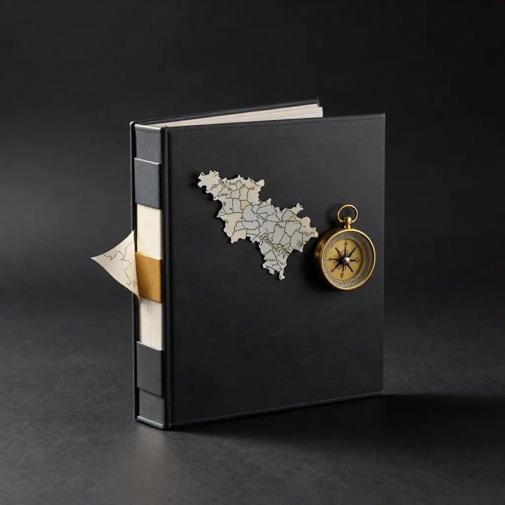 Low-angle studio shot of an Ontario market scan binder with a peeling map sheet and brass compass.