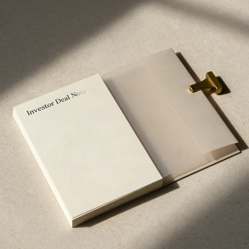 Overhead flatlay of a deal-notes packet, brass weight, folded sleeve and cards on stone.