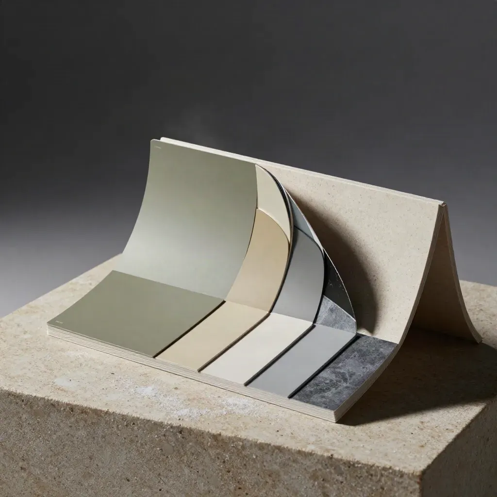 Stone folio with wave-like foldout and textured sample chips on a limestone plinth.