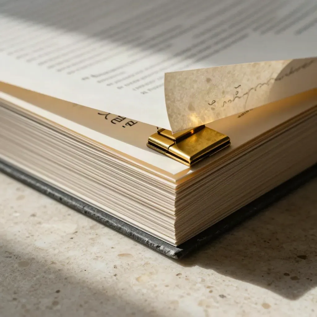 Macro finance review folio with vellum divider and brass clip on travertine.