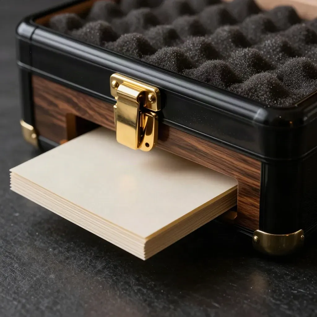 Lacquered finance case bursts open with a gold clasp on a dark studio surface, haze and warm reflections.