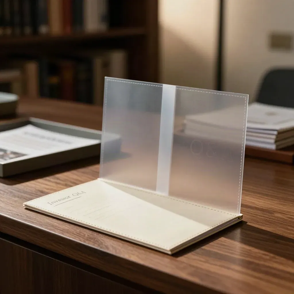 Investor Q&amp;A pack with booklet and translucent sleeves on a walnut ledge in soft light