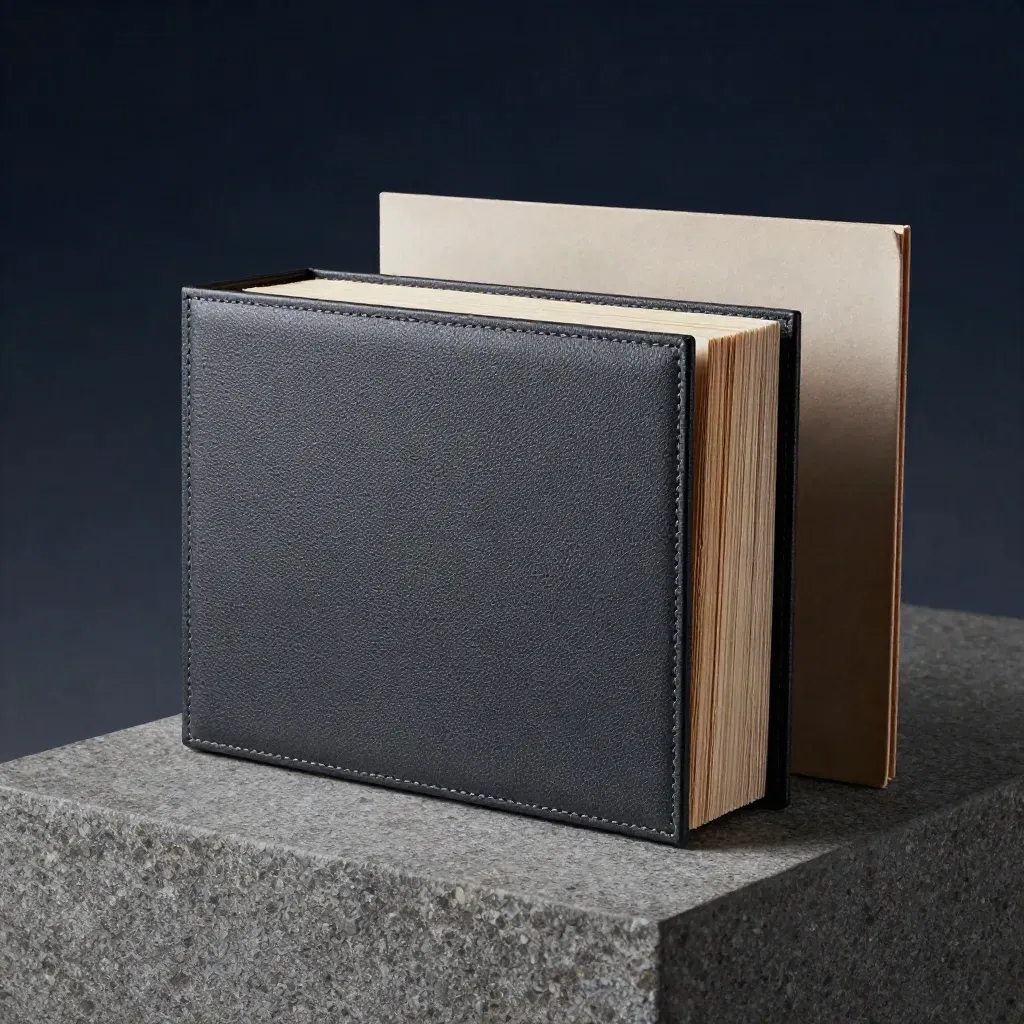 Upright private equity portfolio case with tabbed dividers and sealed deal cards on a stone plinth.