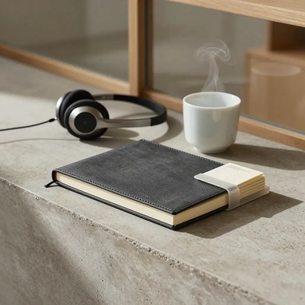 Investor briefing kit on stone sideboard with headset dock, notebook and card stack in soft light