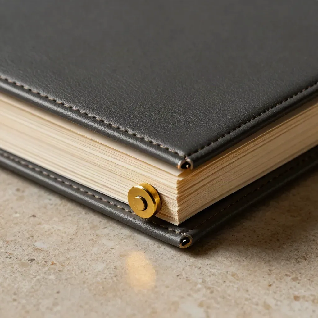 Macro of a matte finance binder, brass weight and review cards on warm limestone.