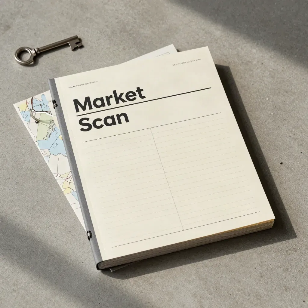 Overhead flatlay of a market scan report packet with regional tabs and a folded map insert.