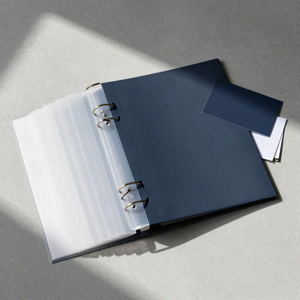 Overhead finance binder flatlay with translucent sleeves, acetate divider and navy accent on concrete.