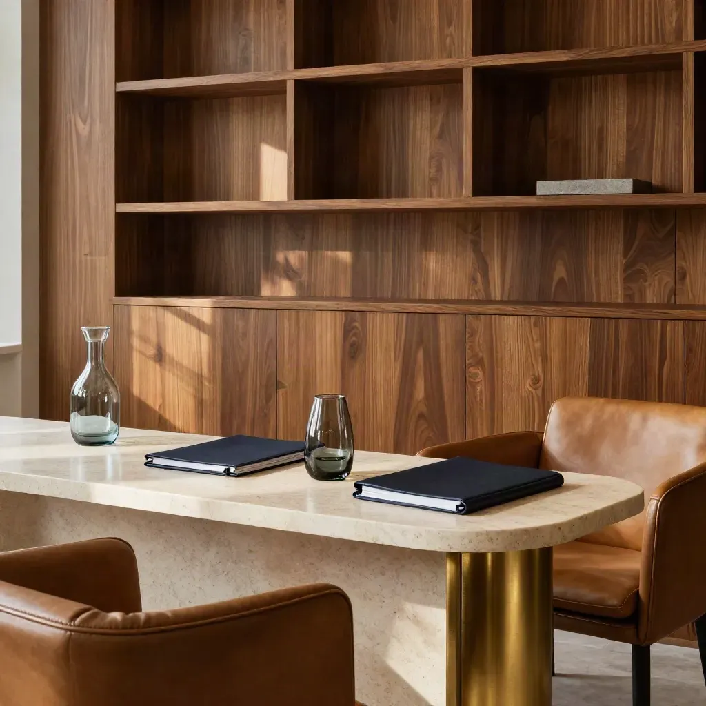 Private-equity lounge with oak, travertine, leather chairs and navy folios in soft morning light.