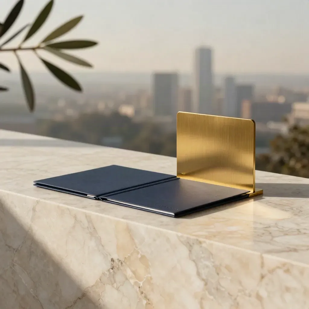 Cream marble ledge with gold folders, skyline glow and a soft plant stem in airy finance light.