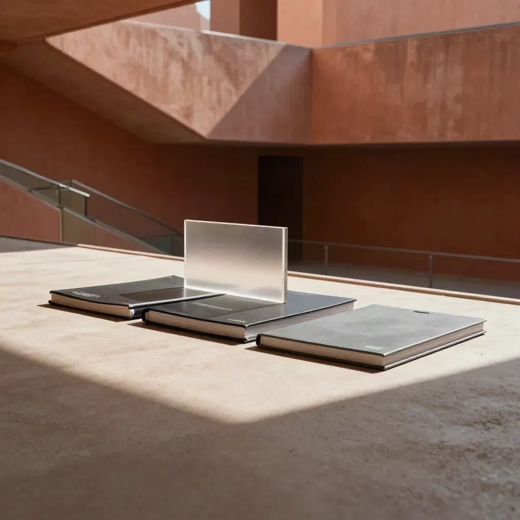 Sunlit concrete atrium with financing pitch books and frosted blocks on a stair landing.