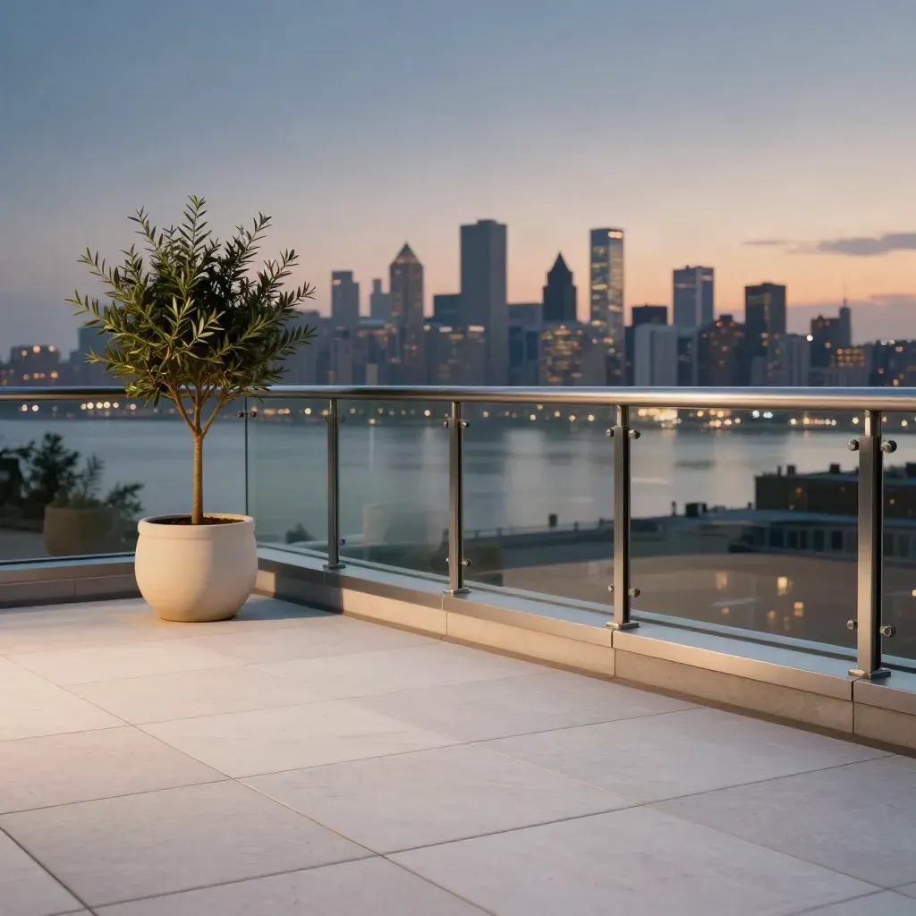 Rooftop terrace overlooking a Canadian city at dusk with glass walls, rail and a blurred olive tree.