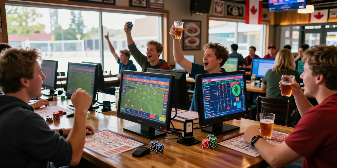 Excited fans participating in Bitcoin Sports Betting Canada at a lively sports bar with screens and betting slips.