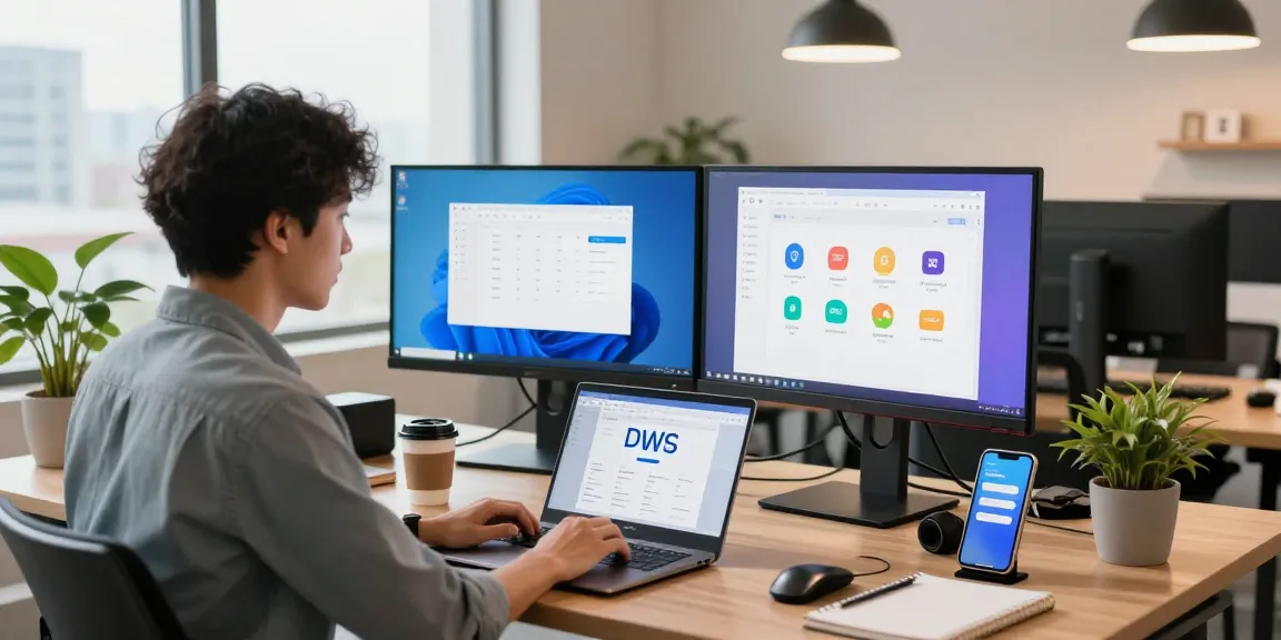 WPS Download process in a vibrant office workspace with laptop and dual monitors.