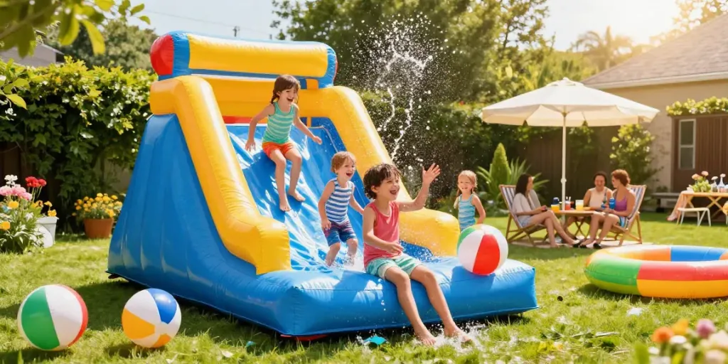 Kids having fun on water slide in a sunny backyard