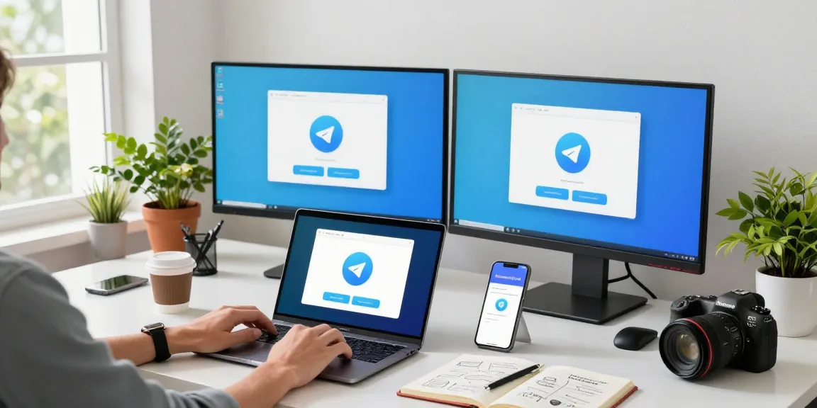 Downloading Telegram app on a laptop in a modern tech workspace.