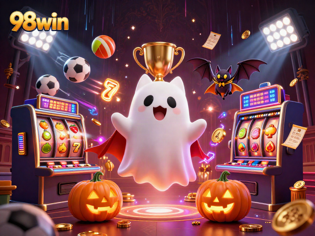 Win big with 98win as a ghost cat and bat navigate a haunted casino world of slots and trophies.