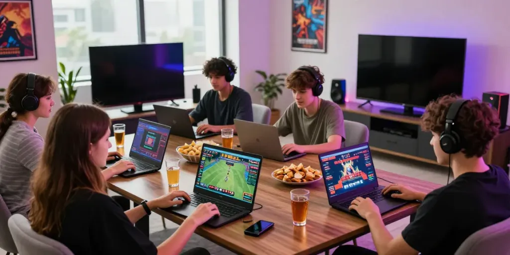 Online gaming enthusiasts engaging with nbet on diverse devices in a lively setting.
