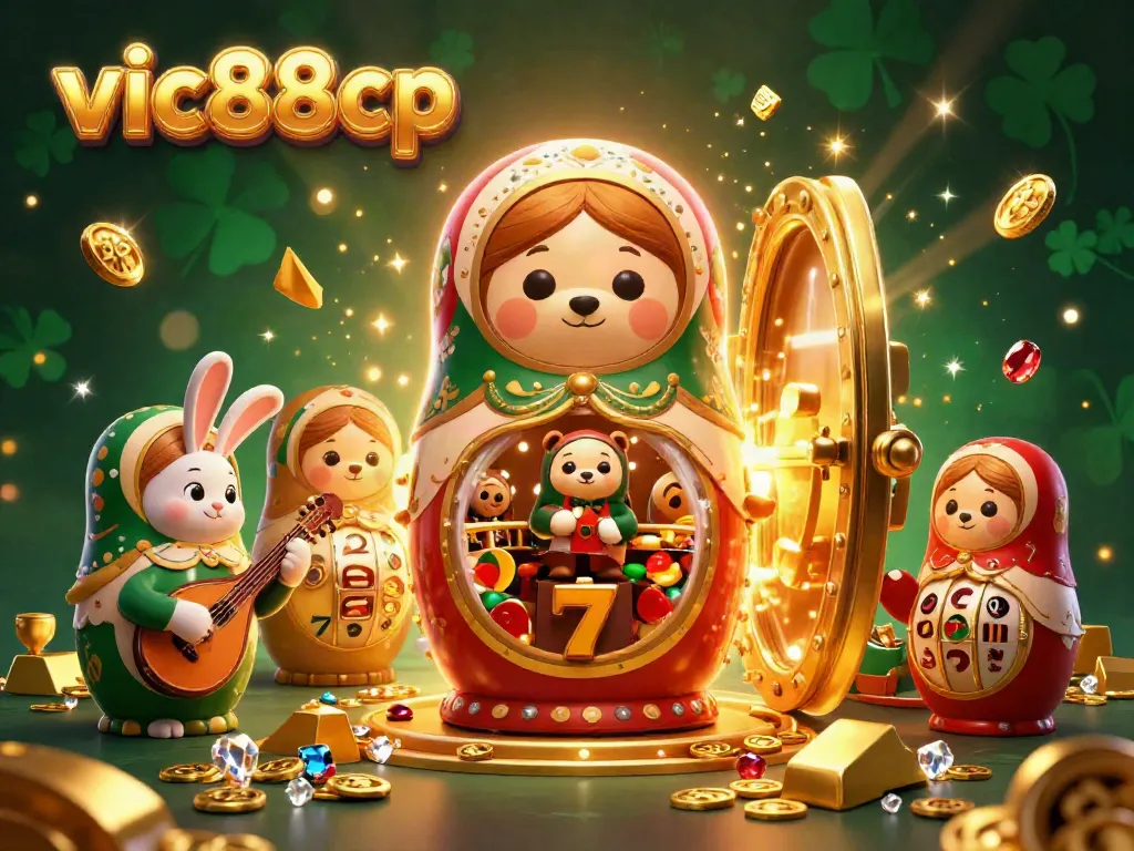 Spin the reels at vic88cp with a vibrant 3D illustration of casino-themed bears, gems, and golden treasures.