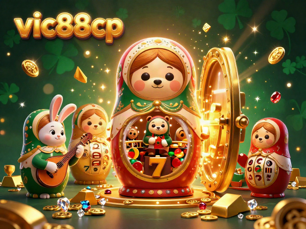 Spin the reels at vic88cp with a vibrant 3D illustration of casino-themed bears, gems, and golden treasures.