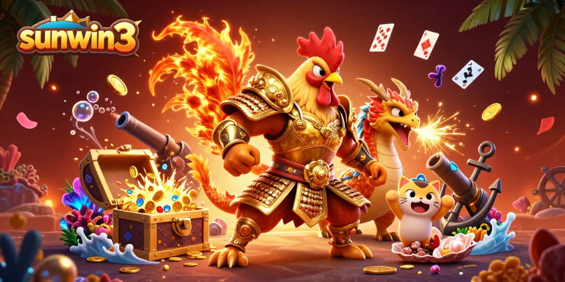 Play exciting games and win at sunwin3 with a dynamic 3D casino scene featuring colorful treasures.